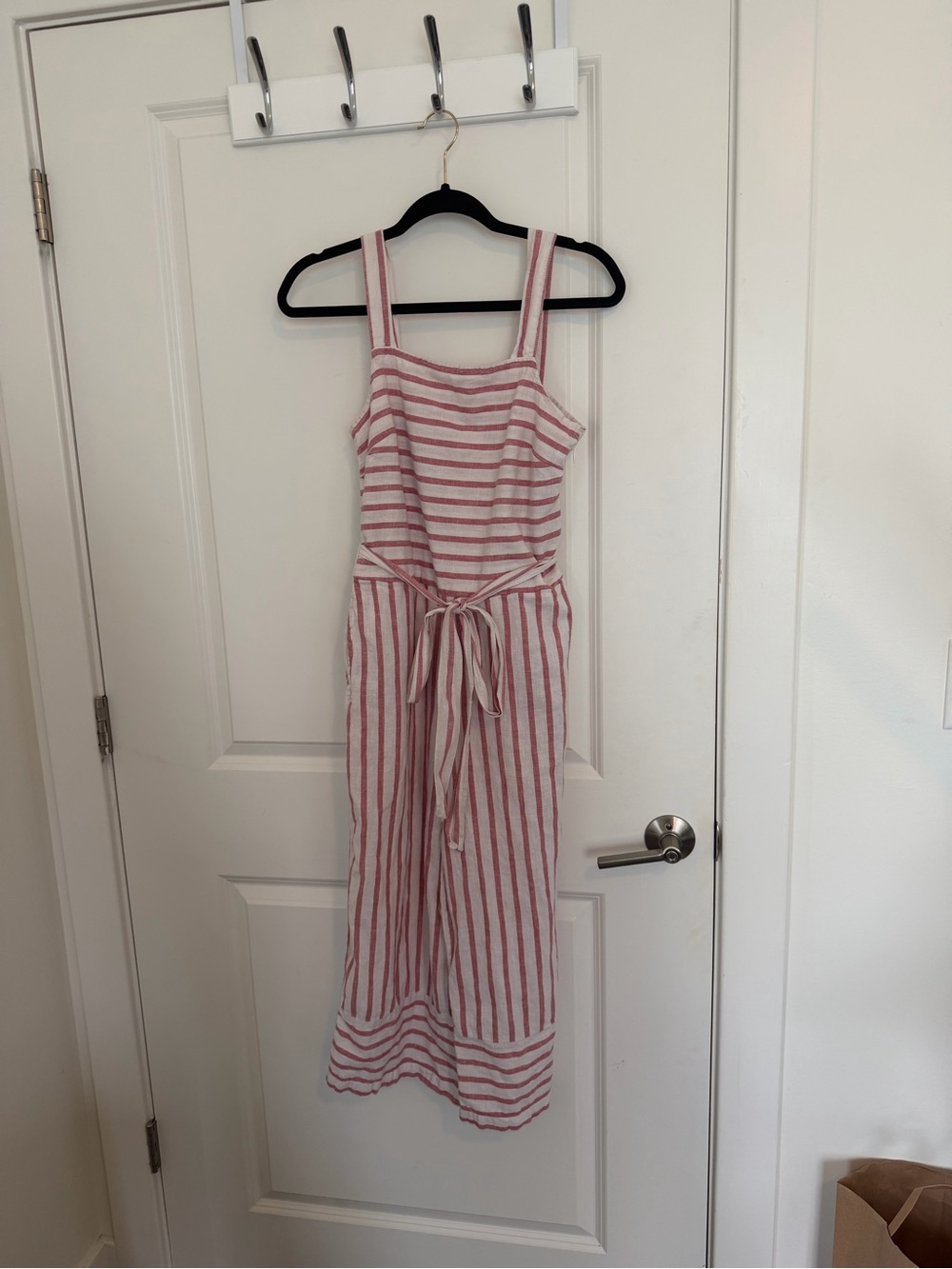 beachlunchlounge Pink and White Striped Linen Jumpsuit